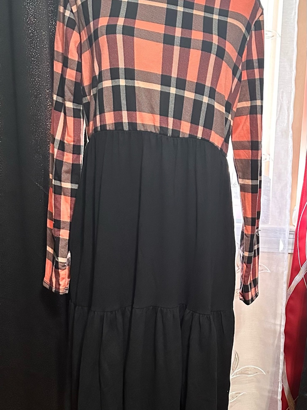 Girls Black Tiered Dress with Red Plaid Bodice